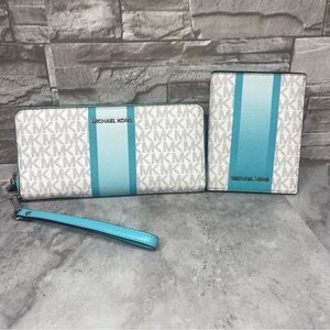 Michael Kors Continental Wallet/Wristlet & Passport Wallet Bundle Ocean Blue